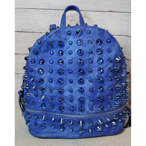 Traci Lynn Studded Backpack Purse Blue Faux Leather Spike Studs Denim Look NWOT main image 4